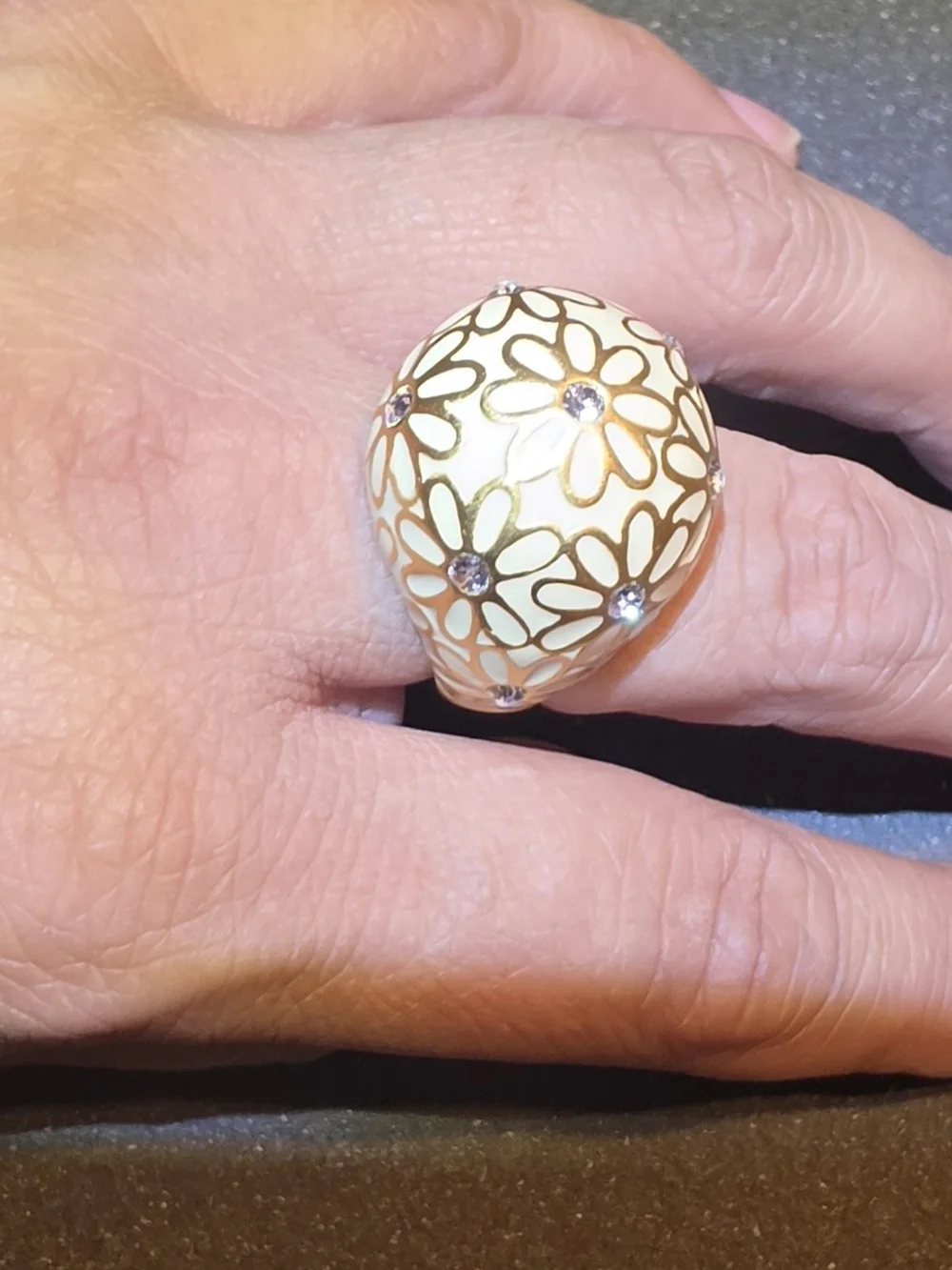 Coach Cream Floral Dome Ring with Gold Accents and Crystal Centers